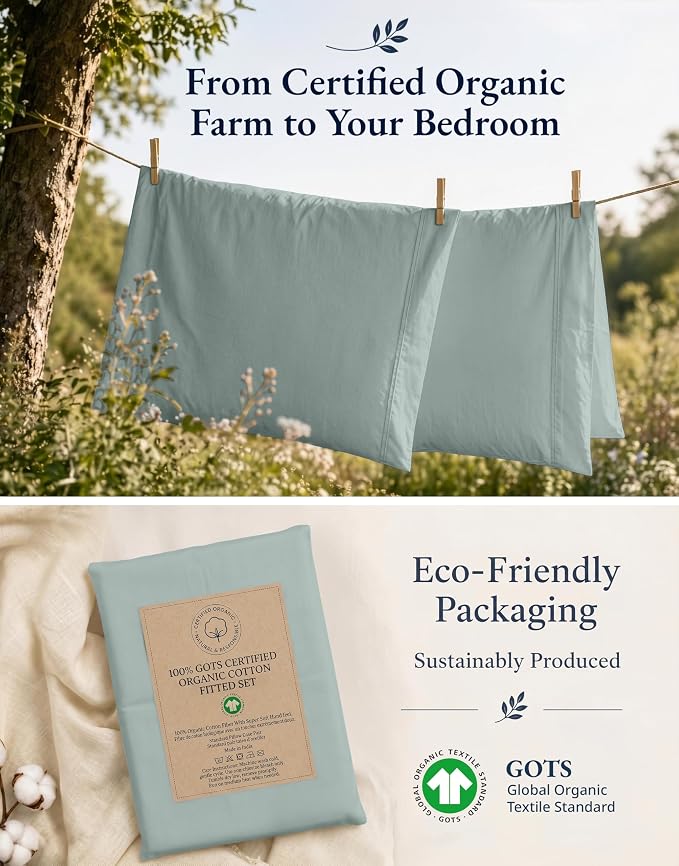 LANE LINEN Twin Fitted Sheets - 100% Organic Cotton 2-Piece Set (1 Fitted Sheet, 1 Pillowcase), Percale Weave, Bottom Sheet, Soft, Breathable, Fits Mattress Upto 15' Deep -French Blue (No Flat Sheet)