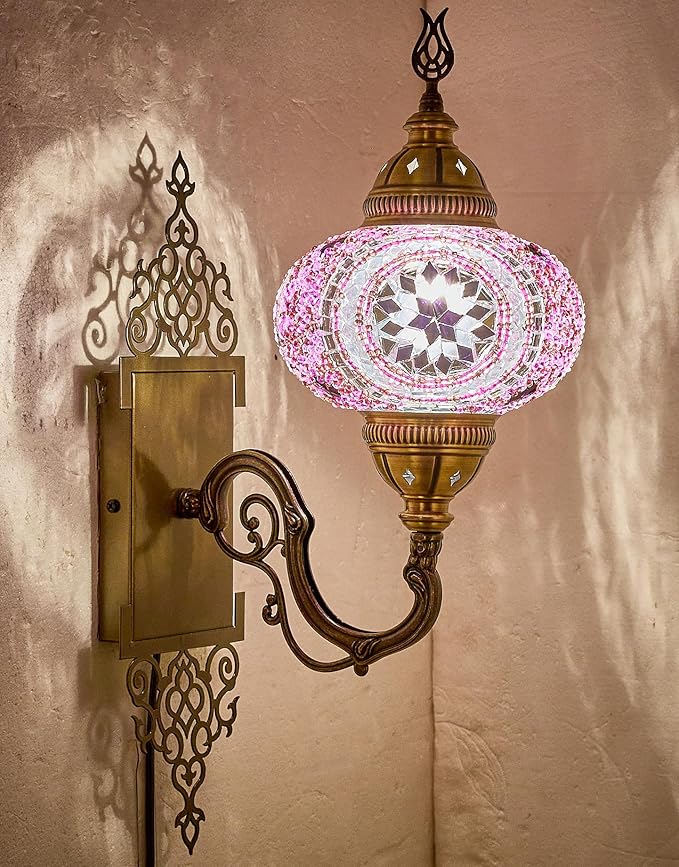 Turkish Moroccan Mosaic Plug-in Wall Sconce Lamp, Handmade Tiffany-Style Glass Globe, Ornate Brass Base, 5.2-ft Cord, Decorative Lighting for Living Room, Bedroom, Dining Room, Kitchen, 15x5 in, Lilac