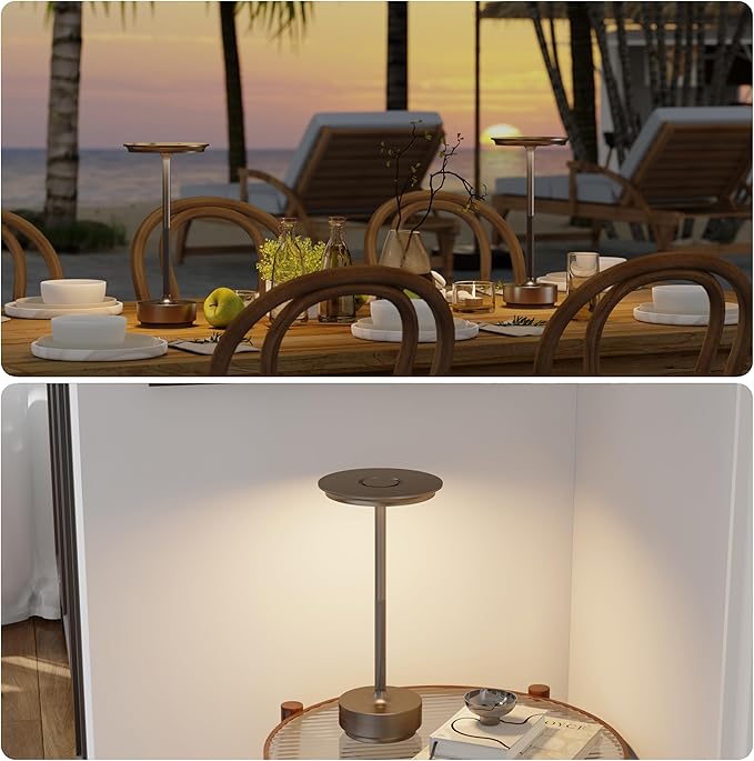 TBBGA 2 Pack Rechargeable Cordless Table Lamps, Portable 5000mAh Battery Table Light, 3 Color Stepless Dimming LED Table Light with Memory Function, for Outdoor/Dinner/Patio/Restaurant.(Light Cafe)