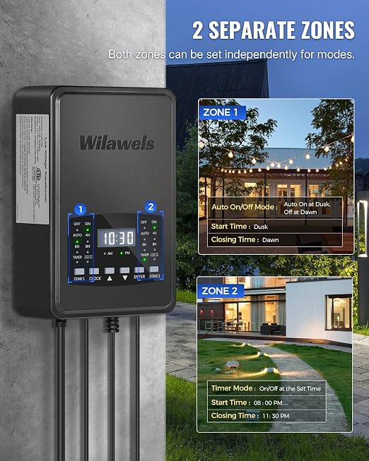 400W Low Voltage Landscape Transformer, 2 Zone Independent Control Landscape Lighting Transformer, 120VAC to 12/14V AC Low Voltage Transformer with Timer & Photocell Sensor ETL Listed D23LT06