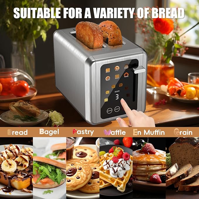 Touch screen Toasters 2 slice,Stainless Steel Digital Timer Toaster with Sound Function,6 Bread Types & 6 Shade Settings,Smart Extra Wide Slots Toaster with Bagel,Defrost Functions,Grey