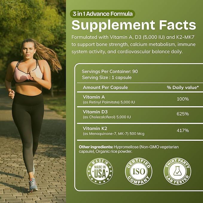 Daily Vites, Complément vitaminique ADK 5000 UI – 180 capsules – Vitamines A, D3 et K2-MK7 haute puissance – Formulé par un médecin pour le soutien des os, du cœur et du système immunitaire – Sans OGM, sans gluten, approvisionnement de 6 mois (lot de 2)