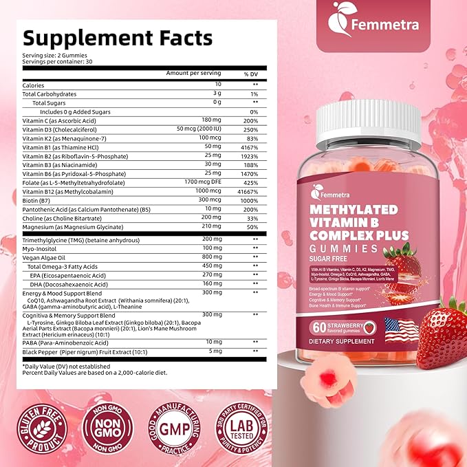 Gummies sans sucre complexe de vitamine B méthylée - Toutes les vitamines B + vitamine C D3 K2 Ashwagandha Magnésium Oméga 3 CoQ10 pour femmes et hommes - Méthylvitamine B12, méthylfolate, B1, B2, B3, B5, B6, B7 B9