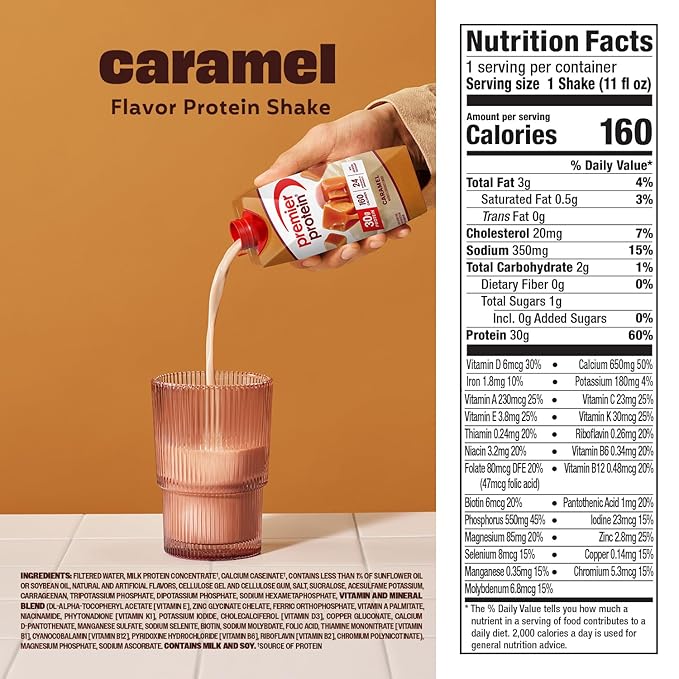 Premier Protein Shake, Caramel, 30g Protein, No Added Sugar, 24 Vitamins & Minerals to Support Immune Health, 11 fl oz, 4 Pack