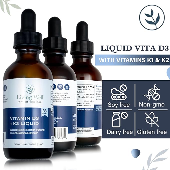 Vitamine D3 liquide 2000 UI avec K2 + K1 – Supplément de soutien immunitaire et osseux – Développé par des dentistes pour des dents et des os solides et une meilleure absorption du calcium – Sans OGM, sans gluten, sans soja – Goût agréable – 60 ml