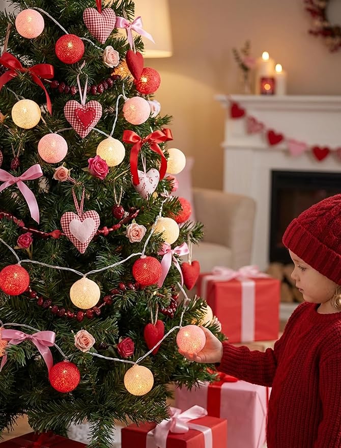 Red Pink and White Cotton Ball String Lights, 8.5Ft Valentine’s Day Decorative Fairy Lights Plug in with 10 Colorful Lantern, Hanging Cotton Globe Lights for Bedroom Wedding Party Home Birthday Decor