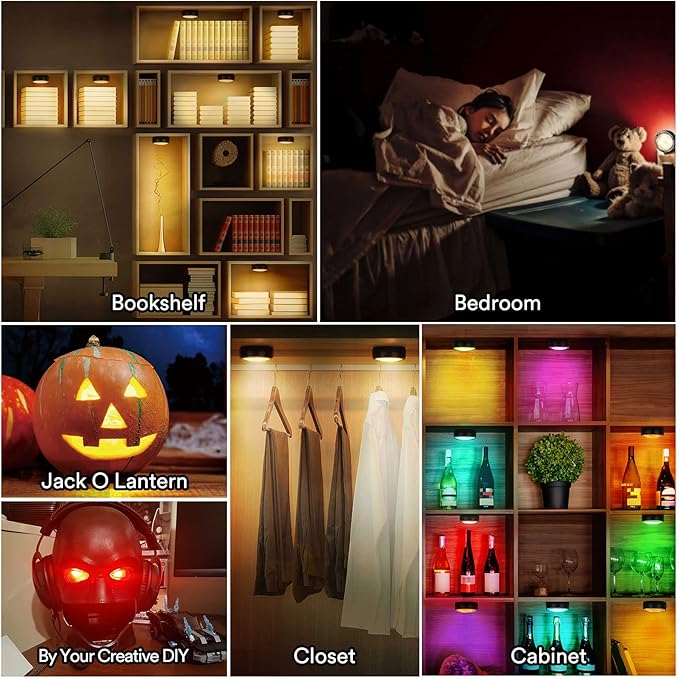 TECOMLIGHT LED Puck Lights with Remote Control, Battery Operated Wireless Closet Lights, Under Cabinet Lighting Stick on Tap Push Light, Color Changing Under Counter Light for Kitchen, 2 Pack - Black