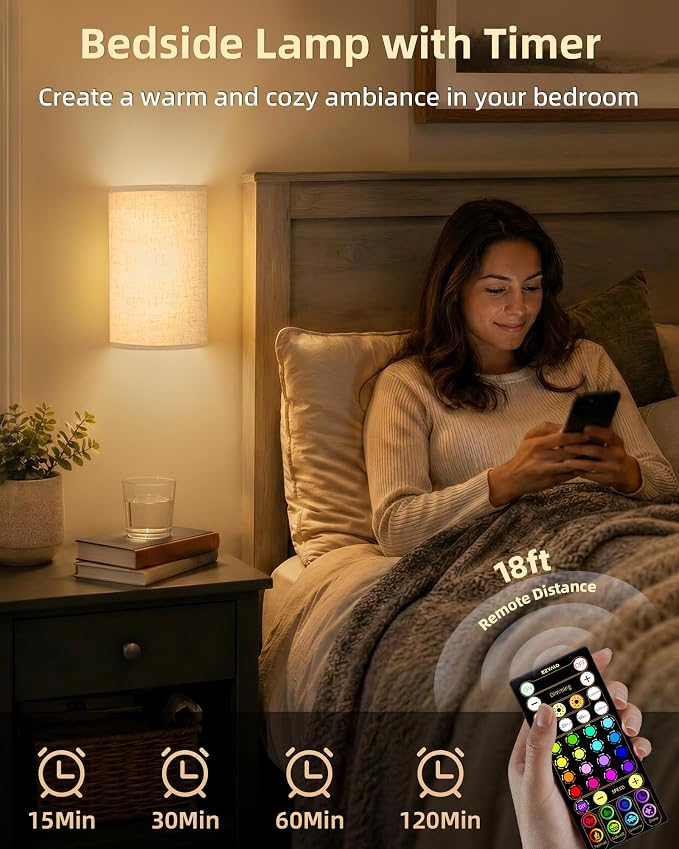 EZVALO Battery Operated Wall Sconce, Rechargeable Wall Sconces Set of Two with Remote, 3 Color & 80 RGB Wireless Wall Mount Lamp, Dimmable, Timer, Peel and Stick, Fabric Linen Wall Lights for Bedroom