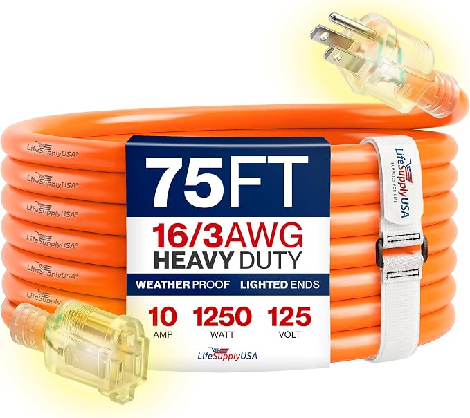 75ft Outdoor/Indoor Extension Cord 16/3 Gauge Heavy Duty 3 Prong SJTW, Waterproof, Flexible Cold-Resistant Long Power Cord,10A 125V 1250W, Orange by LifeSupplyUSA