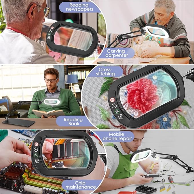 Drdefi 10X Square Magnifying Glass with Light and Stand, Real Glass LED Lighted Magnifier, 5 Color Modes Stepless Dimmable, Hands-Free Mag Desk Lamp with Clamp for Reading Craft Hobby Close Work Black