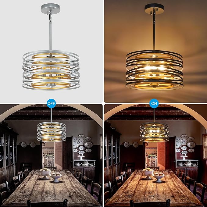 ACNKTZ 12.6'' Drum Pendant Light Fixture Hanging, Retro Semi Flush Mount Chandelier, Silver Chandeliers for Dining Room Bedroom Stairwell Breakfast Area, Silver with Gold Interior