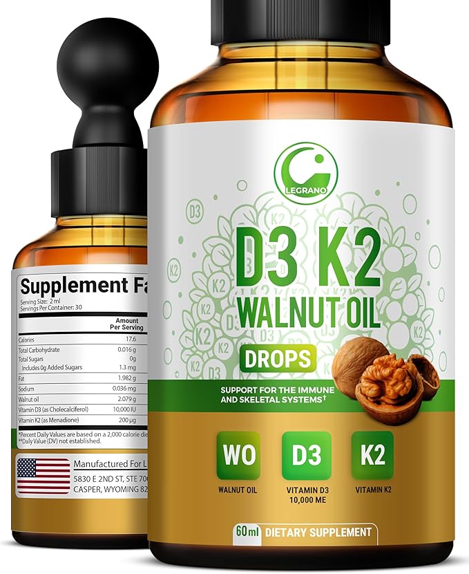 Liquid Vitamin D3 K2 Drops 10000 IU with Walnut Oil – High Potency Liquid Vitamin D3 with Vitamin K2 (MK7) 200 mcg | D3 K2 Supplement for Men & Women | Bones, Muscles & Immune Support | Non-GMO