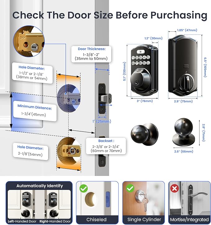 Veise VE012W-K Built-in WiFi Fingerprint Smart Lock with 2 Knobs, No Hub Needed, Remote APP Control, Keyless Entry Door Lock, Smart Deadbolt for Front Door, Auto Locking, Matte Black