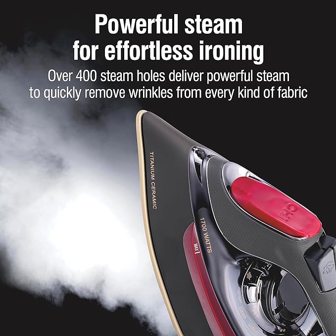 CHI Steam Iron for Clothes, Professional Grade, Titanium Infused Soleplate, 400+ Steam Holes, 1700 Watts, 3-Way Auto Shutoff, 8' Retractable Cord, Black/Chrome