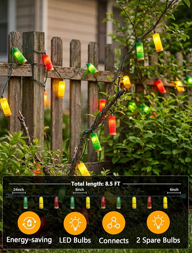 Multicolor Shotgun Shell String Lights Plug in, 8.5Ft Outdoor Christmas Decorations Lights with 10 LED 3D Bullets Lights, Hanging Novelty Bullets Shell Light for Outdoor Patio Garden Backyard Party
