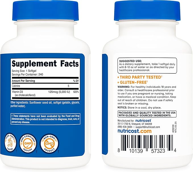 Nutricost ビタミンD3 5,000IU（125mcg）、240ソフトジェル - 非遺伝子組み換え、グルテンフリーのビタミンD