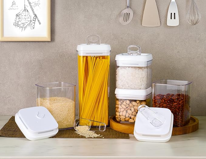 Felli Flip Tite Food Storage Container 5" LARGE 5pk Set + No Residue Label, Airtight Lid Easy Lock Top Stackable, Plastic Canister Jar for Pantry Kitchen Fridge Organizer Pasta Protein Powder Spice
