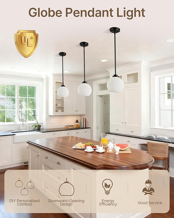 Majade Globe Pendant Lights Mid Century Modern Kitchen Island Pendant Light Fixtures 7.4 Inch Black Brass Pendant Lighting with Milk Glass Adjustable Hanging Light Fixtures for Dining Room living room
