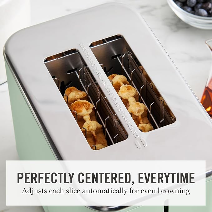 Martha Stewart 2 Slice Toaster, 10 Shade Settings with Defrost, Cancel, Bagel & Gluten-Free, Extra-Wide Self-Centering Slots for Waffles & Artisan Bread, Removable Crumb Tray, Cord Wrap, Honeydew