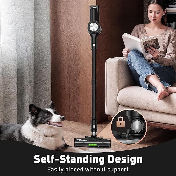 Cordless Vacuum Cleaner for Home, 55KPa Powerful Suction, Self-Standing Stick Vacuum with Charging Dock, Anti-Tangle Brush, Lightweight for Pet Hair, Carpet, Hardwood Floor(Pure Black)