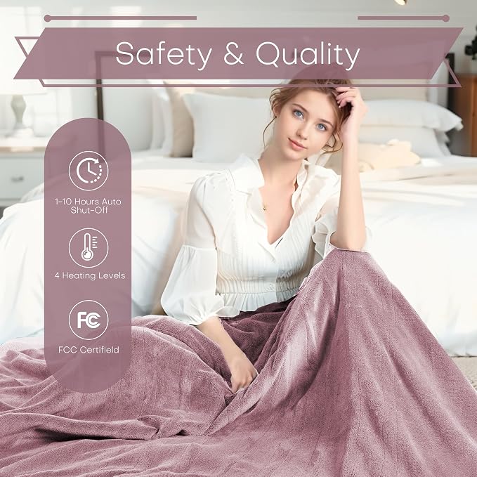 Electric Heated Blanket Queen Size 84"x90", Dual-Sided Coral Fleece & Sherpa Fabric, 4 Heat Settings & 10H Auto Off, Soft Warm for Home, Office, Bed, Couch, Machine Washable, Dual Control, Berry Shade