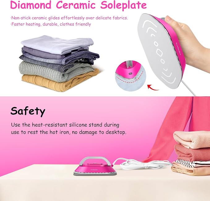Newbealer Travel Iron Set, 100-240V Mini Dry Iron for Clothes (No Steam) | Max 300W, Heats in 60s, 302℉ Ceramic Soleplate, Handy Heat Press, 0.8lbs Lightweight for Quick Touch-ups Worldwide (Hotpink)