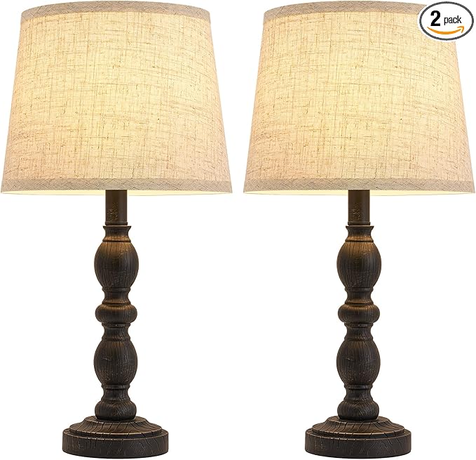 GyroVu 20.5" Table Lamps for Nightstand Set of 2, Farmhouse Lamps for Bedroom, Small Desk Lamps for Living Room, Linen Shades, Knob Switch, Bedside Lamps for Reading, Office (Black)
