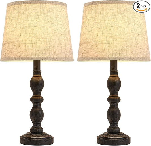 GyroVu 20.5" Table Lamps for Nightstand Set of 2, Farmhouse Lamps for Bedroom, Small Desk Lamps for Living Room, Linen Shades, Knob Switch, Bedside Lamps for Reading, Office (Black)