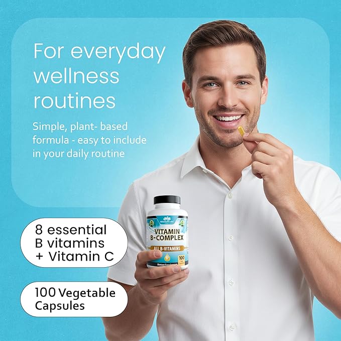 Complexe de Vitamines B avec Vitamine C de NaturaLife Labs – Contient des Vitamines B Actives B2 (Riboflavine-5-Phosphate), B6 (Pyridoxal-5-Phosphate), B9 (5-MTHF) et B12 (Méthylcobalamine) ; ainsi que B1, B3, B5 et B7 – 100 Gélules