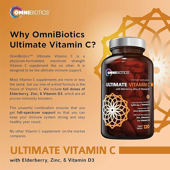 OmniBiotics アルティメット ビタミンC サプリメント 2000mg – 亜鉛、エルダーベリーエキス、D3配合 – 高効力免疫サポート＆コラーゲンブースター – ビーガンタブレット120錠