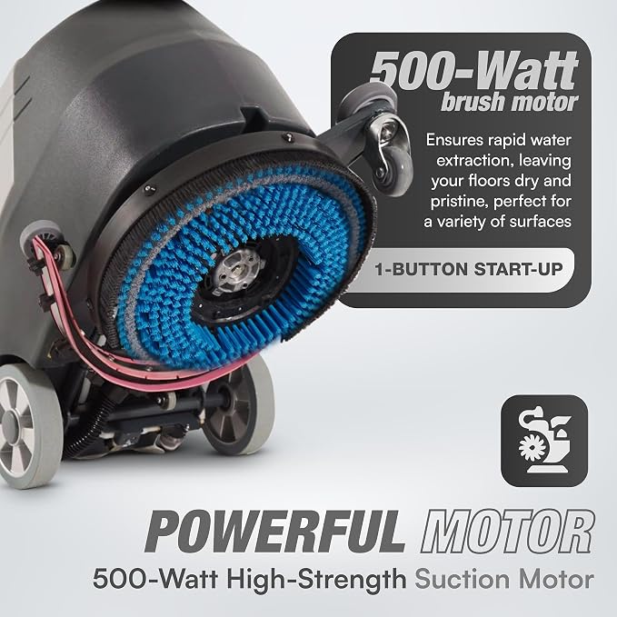 Battery Powered Walk Behind Floor and Carpet Scrubber Buffer Polisher Machine, 16" Brush, 21.5" Squeegee Width, 6.5 gal Tank, Brush Speed 200 RPM, Includes a Hard Brush Soft Brush and 3 Scouring pads
