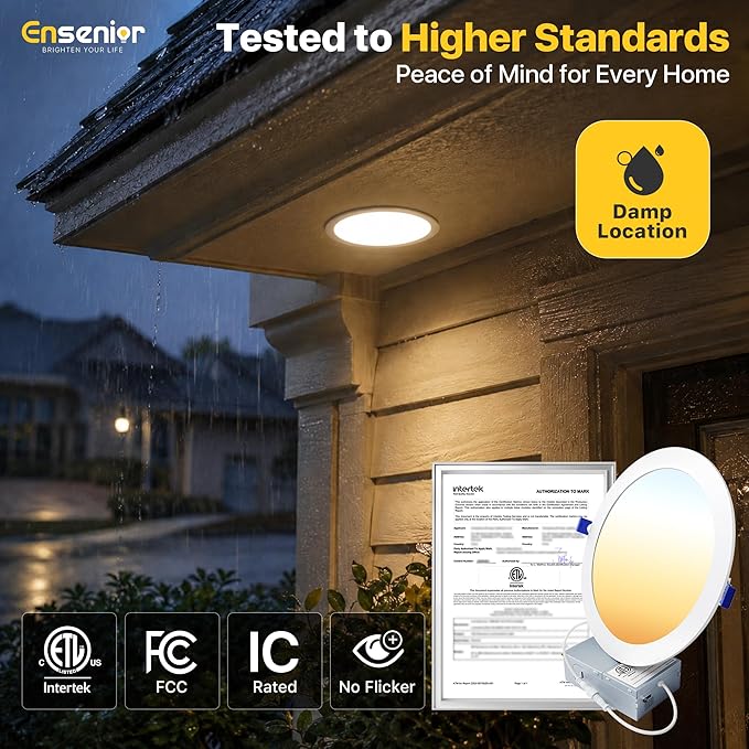 Ensenior 12 Pack 8 Inch LED Recessed Ceiling Light, Dimmable, 2700K-5000K 5CCT, 1600LM 18W 120V, High Brightness Canless Wafer Downlight - ETL&FCC&IC