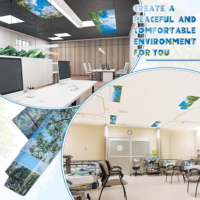 Amylove 4 Pcs Fluorescent Light Covers Classroom Ceiling Panels Light Filters with Backlit Film Material for Office School, 4 x 2 Feet(Charming Color,Blue Sky, Leaves)