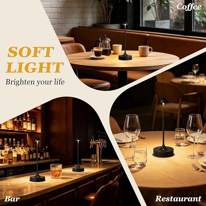 Kakanuo Rechargeable Cordless Table Lamp, Battery Operated Lamps, 3-Color Stepless Dimming, Portable Wireless Desk Lamp, LED Lighting for Dining Room, Restaurant, Office, Bar, Home(Black 2 Pack)