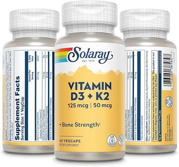 SOLARAY Vitamine D3 K2 et Glycinate de Magnésium - Ensemble pour la Santé Osseuse - Absorption du Calcium, Soutien Nerveux, Cardiaque et Immunitaire avec 5000 UI de Vitamine D, 350mg de Magnésium Chélaté, Garantie de 60 Jours, 60 gélules/120 gélules