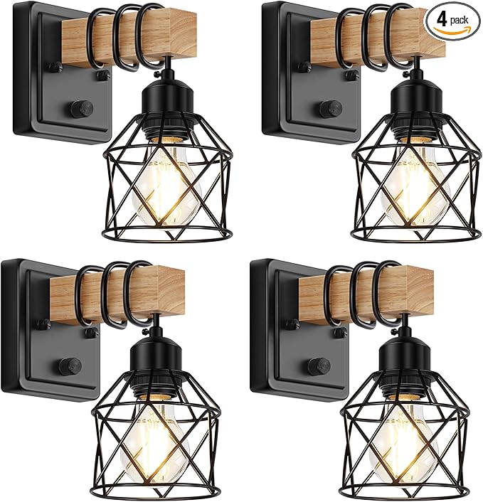 FadimiKoo Farmhouse Wall Sconces 4 Pack, Bedside Wall Lamps with Dimmer ON/Off Switch, Black Wall Light Fixtures with Metal Cage, Rustic Wooden Sconces Wall Lighting for Living Room, Hallway, Bathroom