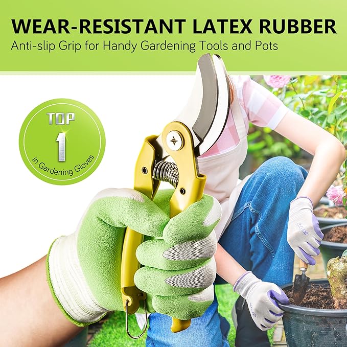 COOLJOB 2 Pairs Gardening Gloves for Women Ladies, Breathable Rubber Coated for Yard Garden, Outdoor Indoor Protective Work, Medium Size, Lavender Purple & Apple Green