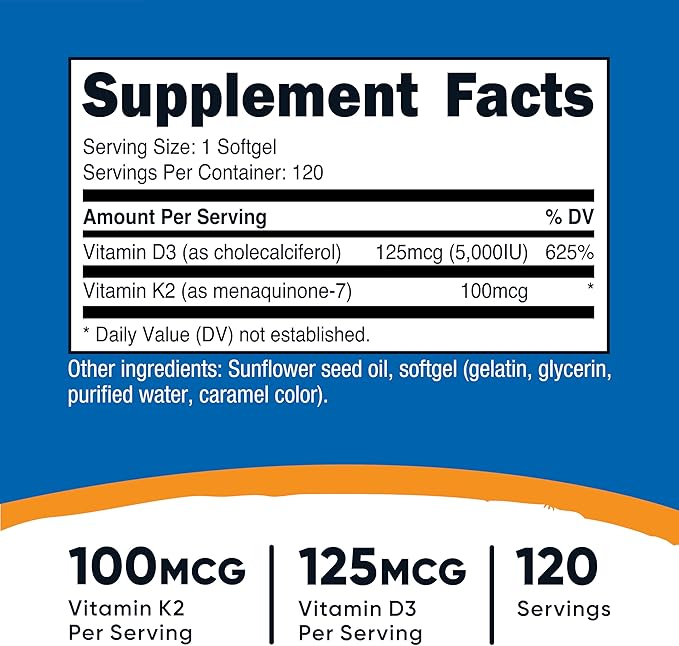 Nutricost Vitamine K2 (MK7) (100mcg) + Vitamine D3 (5000 UI) 120 Gélules Molles - Sans Gluten et Sans OGM