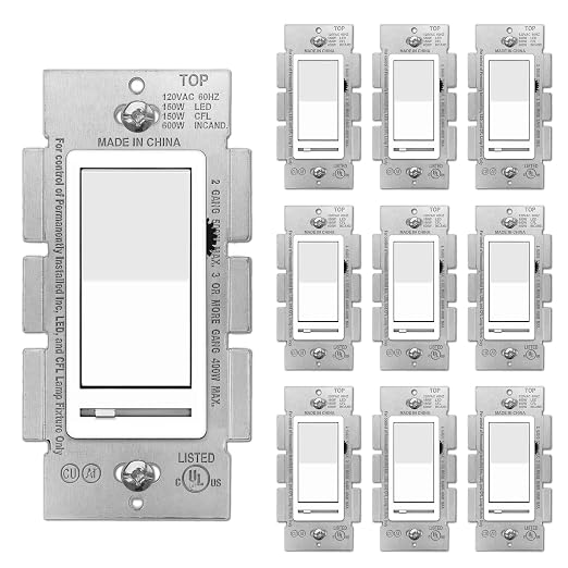 BESTTEN 10 Pack Dimmer Light Switch, Single Pole or 3-Way, Slide Dimmer Switches, Compatible with Dimmable LED, CFL, Incandescent and Halogen Bulb, Neutral Wire Not Required, 120VAC, UL Listed, White
