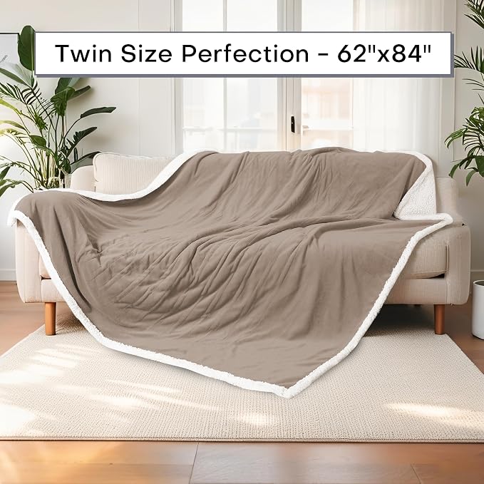 Electric Heated Blanket 62"x84" Twin Size for Safe All Night Rest, Dual-Sided Microplush Sherpa for Bedroom Couch Use, 4 Heat Settings & 10 Hours Auto Off Energy Saving, Machine Washable - Light Brown
