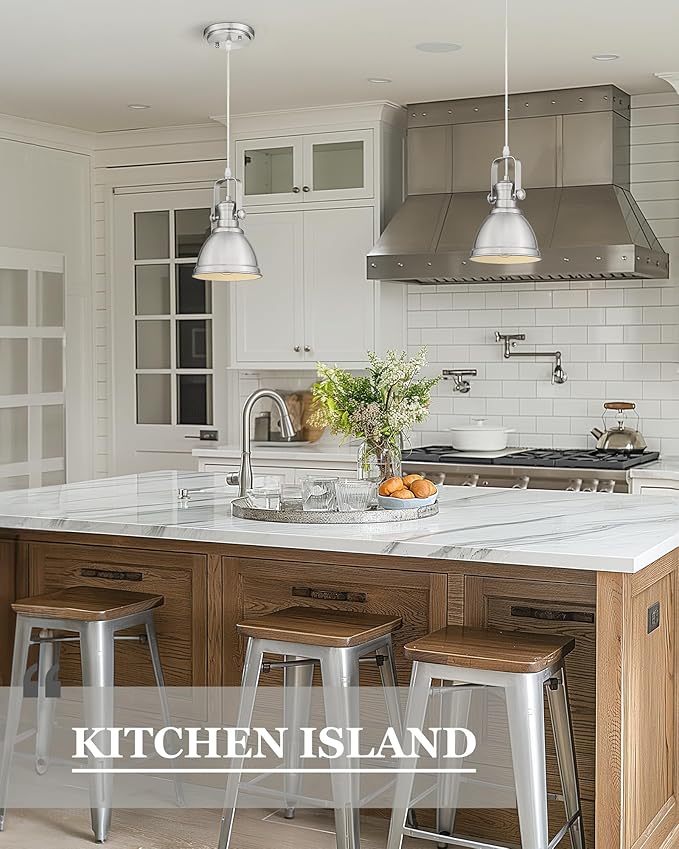 Pendant Lights Kitchen Island, Farmhouse Hanging Lights Fixtures with Metal Shade, Rustic Kitchen Pendant Lighting Over Island for Dining Room, Brushed Nickel, AD-2151-1P-SN