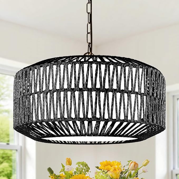 9"-52" Height Adjustable Farmhouse Chandelier Light Fixture, 5-Light Rattan Boho Chandeliers for Dining Room, Hand Woven Pendant Light with Linen Shade, Rustic Hanging Lighting for Kitchen Island