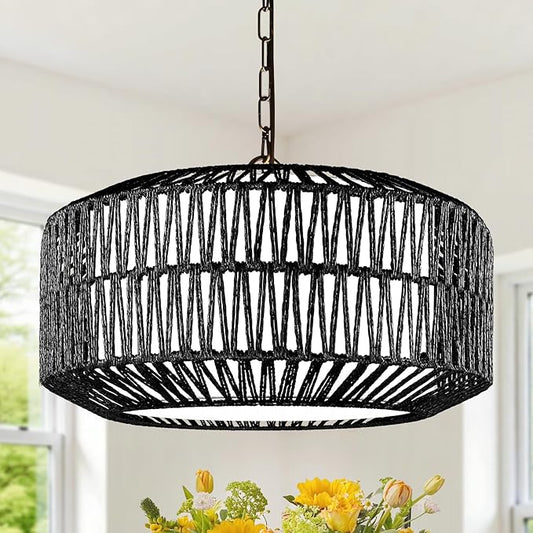 9"-52" Height Adjustable Farmhouse Chandelier Light Fixture, 5-Light Rattan Boho Chandeliers for Dining Room, Hand Woven Pendant Light with Linen Shade, Rustic Hanging Lighting for Kitchen Island