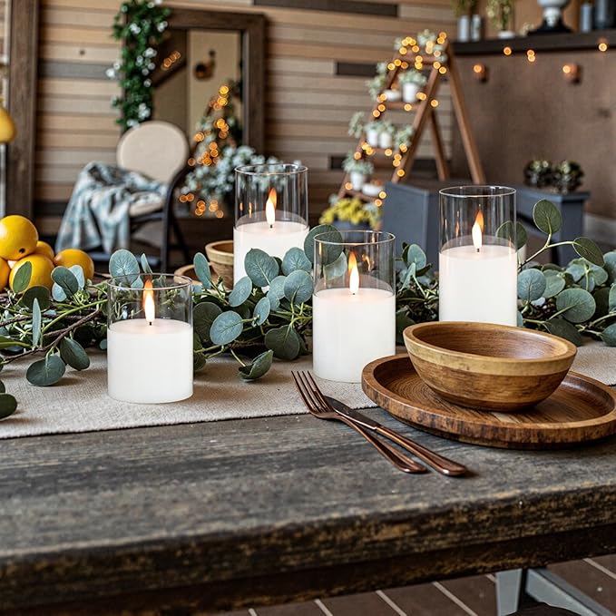 GenSwin Rechargeable Flameless Candles with Remote Timer, Clear LED Battery Operated Candles with Flickering Flame, Glass and Real Wax Pillar Candle Holiday Home Decor(Set of 3, D3”xH4”5”6”)