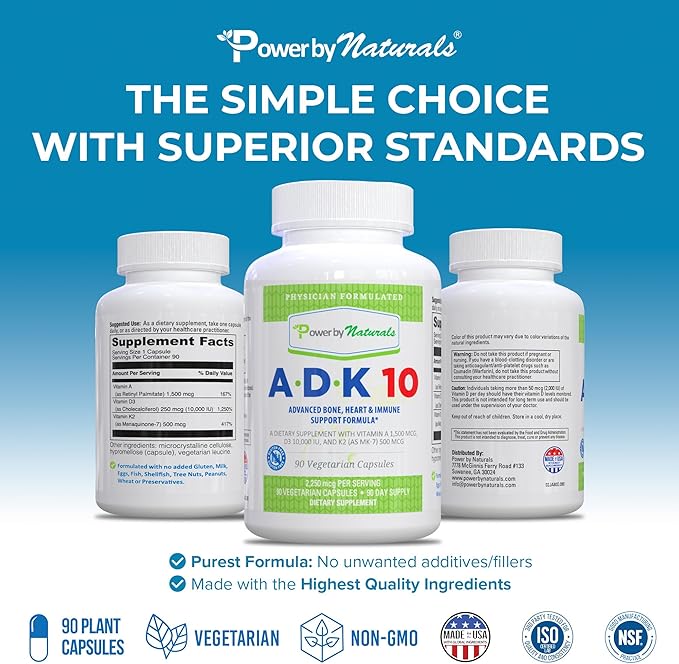 Complément Alimentaire Vitamine ADK Power By Naturals – ADK 10 Haute Puissance avec Vitamines A, D3 10 000 UI & K2 MK7 pour la Santé Osseuse – Complément Vitamine A D K – 90 Gélules, Lot de 2 (6 Mois de Traitement)