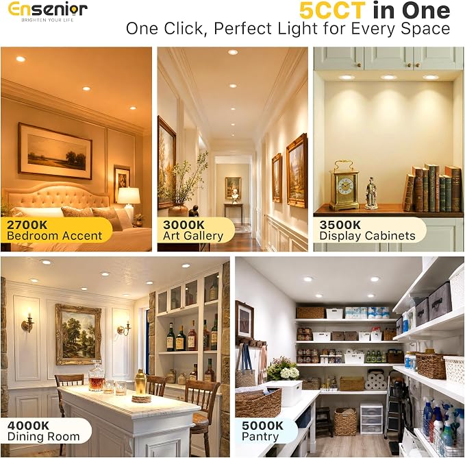 Ensenior 4 Pack 3 Inch LED Recessed Light, Dimmable, 2700K-5000K 5CCT, 500LM High Brightness, 6W 120V, Damp Rated, Ultra-Thin Canless Wafer Light - ETL & FCC & IC