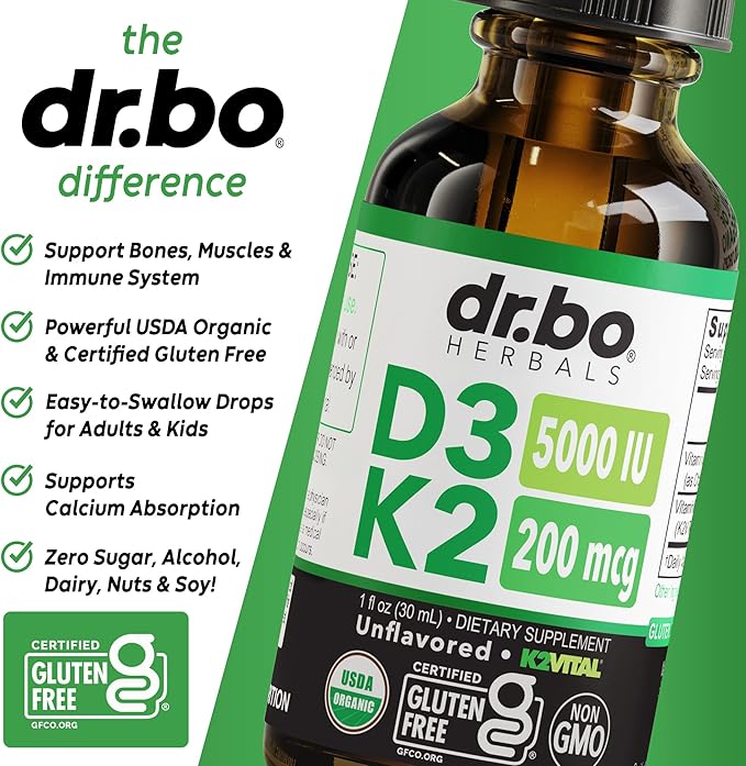 Vitamine D3 K2 Gouttes Liquides - Complément Liquide Bio D3K2 Vitamine D3 K2 Huile TCM pour Adultes & Enfants, Absorption du Calcium Os Solides - Compléments Vit D et K 5000 UI, Vitamines D + K MK7 30 ml