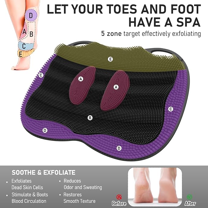 Shower Foot Scrubber Mat in Shower XL, Silicone Exfoliating Bathtub Safety Mat Massage Non-slip Suction Cups Scrubber Foot Toes Clean Pad without Bending Achy Relief 17.4 * 13.4" Black