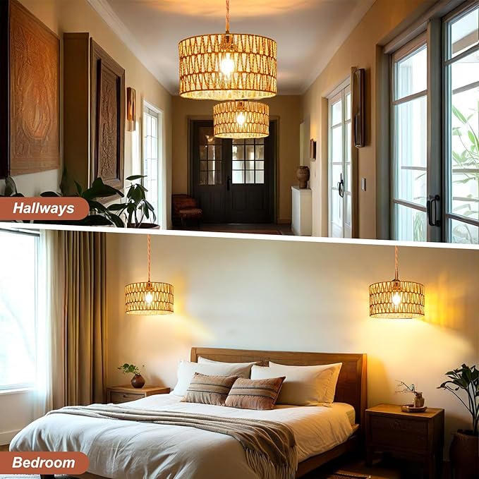 Plug in Pendant Light,Rattan Hanging Lights with Plug in Cord,Handmade Hanging Lamp Plug in,Rattan Light Fixtures Ceiling Hanging for Living Room Bedroom
