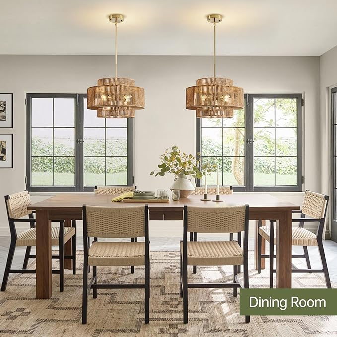 4-Light Boho Rattan Chandelier for Dining Room, 17.7” Hand Woven Farmhouse Pendant Light Fixture, Coastal Wicker Hanging Ceiling Light for Kitchen Island Living Room Bedroom Entryway Foyer